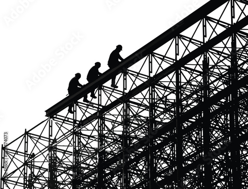 Black silhouettes of construction workers climbing a structural steel beam on massive scaffolding, illustrating dangerous labor, high-risk job site work, engineering, and teamwork.