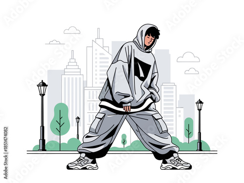 Young man in oversized streetwear posing confidently in an urban setting.