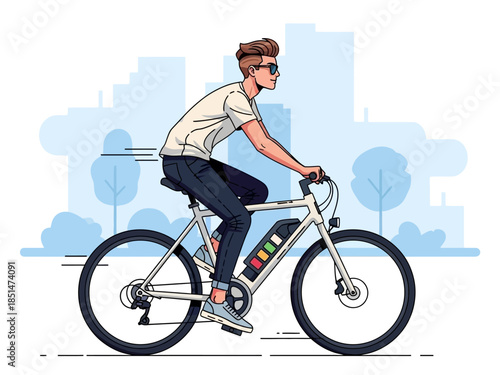 Young man riding an electric bicycle in the city.