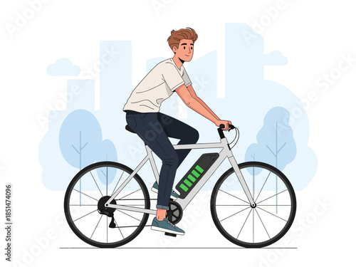 Young man riding an electric bicycle in the city.