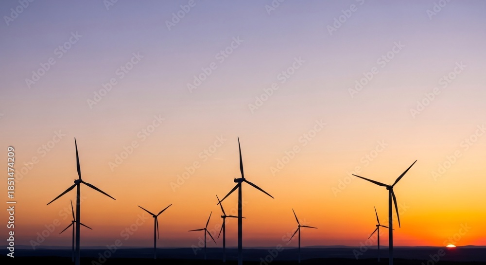 Fototapeta premium Silhouettes of wind turbines against a vibrant sunset sky with gradient colors