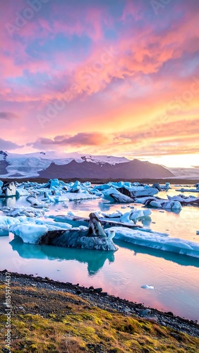 Scenic Icelandic glacial lagoon with icebergs at sunset reflecting colorful sky and mountains