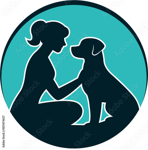 silhouette of a woman with a dog in a green circle