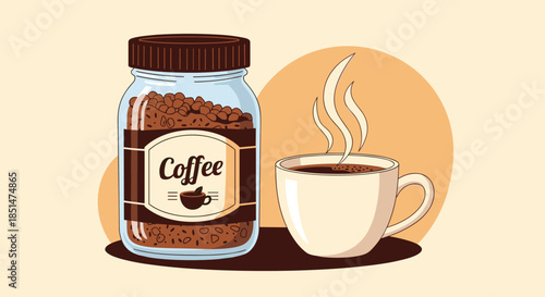 A glass jar of instant coffee granules next to a steaming hot cup of freshly made black coffee on a warm background.