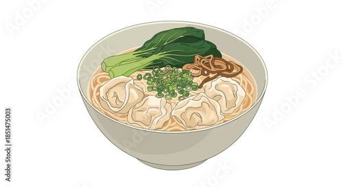 A delicious bowl of wonton noodle soup with bok choy and other toppings, isolated on a clean white background.