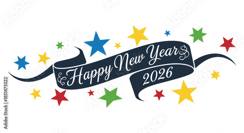 Festive new year banner illustration with colorful stars and a celebratory ribbon design for 2026