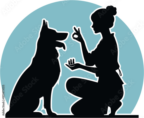 silhouette of a woman with a dog in a green circle