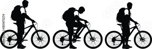 Black silhouettes of three men with backpacks on mountain bikes, illustrating outdoor adventure, bicycle travel, backpacking, nature cycling, and extreme summer sport activity.