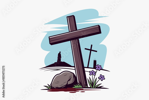 Stylized Illustration of Wooden Cross with Figure and Flowers on Hill
