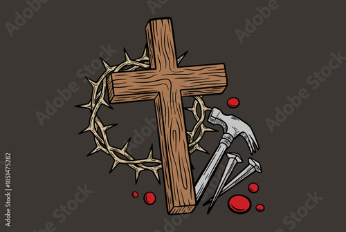 Christian Symbolism with Wooden Cross, Crown of Thorns, Hammer, Nails, and Blood