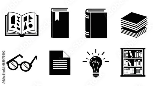 A collection of black and white icons representing reading, learning, knowledge, and education, including books, eyeglasses, documents, a lightbulb, and a bookshelf.