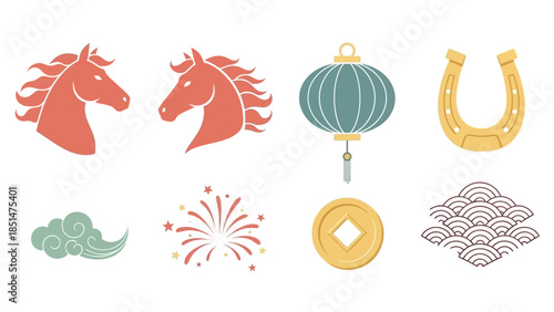 A collection of traditional Chinese New Year and good luck symbols including horses, a lantern, fireworks, and a horseshoe.