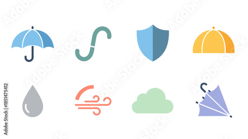 A collection of flat design weather and protection icons including umbrellas, a shield, raindrop, wind, and cloud.