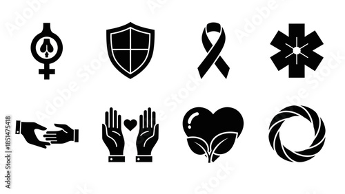 Science Icons: An assortment of science-themed icons including laboratory glassware, atomic structure, a microscope, a collection of cells, an atomic arrangement, leaves, a light bulb.