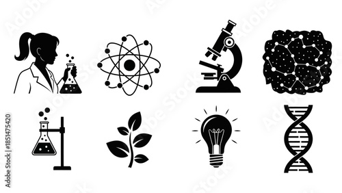 Collection of black and white science icons including a scientist, atom, microscope, brain, lab equipment, plant, lightbulb, and DNA.