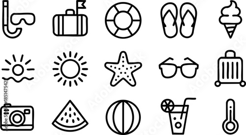 Summer Travel and Beach Line Icons Set Sun Starfish Ice Cream and Vacation