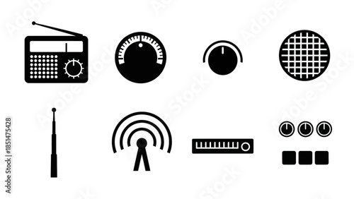 Radio Icons: A collection of sleek, minimalist black radio-themed icons that are used in broadcasting. These images are ideal for digital interfaces, technical manuals.