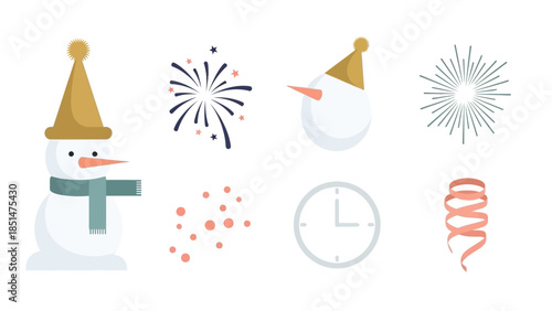 New Year's Eve Illustrations: Capturing the essence of a festive celebration, this vibrant illustration depicts a snowman alongside fireworks, a clock and decorative elements.