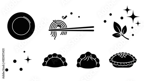 Culinary Delight: Monochrome icons of delectable dishes, including a plate, noodles, dumpling, and pie, represent the essence of gourmet dining and cooking.