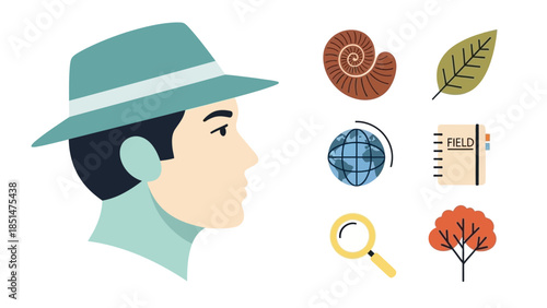 A Curious Explorer: An illustration of a curious explorer gazing at a collection of symbolic items associated with exploration, inviting contemplation on the mysteries of discovery.