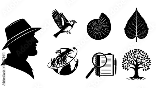 Icons of Life and Thought: A collection of meticulously crafted silhouette icons representing diverse facets of the world, from human intellect to the wonders of nature.