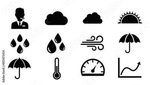 Weather Forecast Icons: A comprehensive collection of iconic weather symbols, carefully crafted to represent various meteorological conditions. Symbols include clouds, rain, wind, sun.