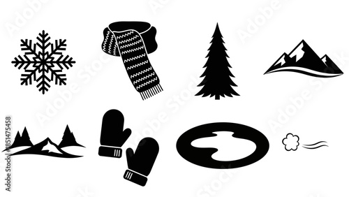 Winter Symbols: Depicting a cozy winter scene with delicate snowflake, warm scarf, fir tree, snow capped mountains, warm gloves, the lake and gentle breeze.