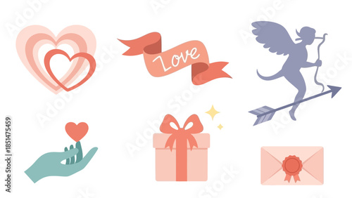 Love's Delight: A collage of delightful elements embodies the essence of love and affection. Includes hearts, gifts, and cupid.