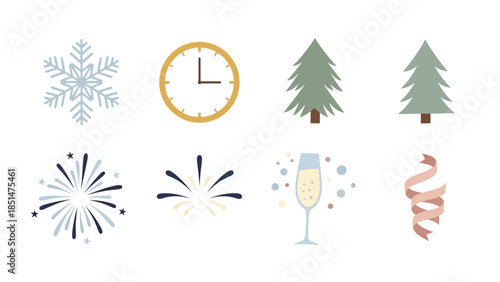New Year's Eve Icon Set: Celebrating the eve with festive icons, the image showcases a collection of symbols associated with the new year. A visual invitation to festivities.