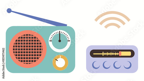 Retro Radio Waves: A classic vintage radio and a radio device, broadcasting sound waves into the air, representing the timeless charm of communication.