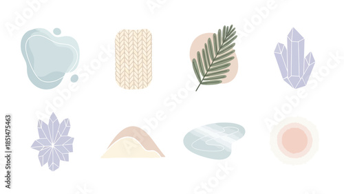 Abstract Nature Collection: A collection of eight abstract elements, incorporating elements like crystals and leaves, reflecting harmony and natural beauty.
