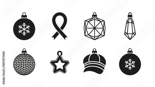 Festive Ornaments and Emblems: An array of stylized holiday ornaments, including snowflake, stars, ribbons, and geometric shapes, each one representing the festive spirit of the season.