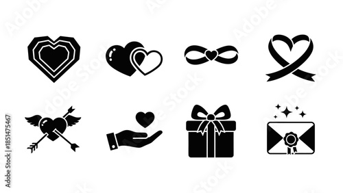 Love Icons: A collection of heart-shaped icons and a gift box on display, perfect for expressing feelings of love. 