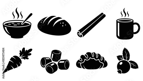 A collection of black and white icons depicting various food items and ingredients such as soup, bread, cinnamon, hot drink, carrot, marshmallows, dumpling, and berries.