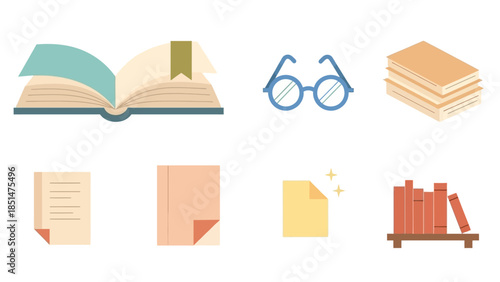 A collection of flat-design icons featuring an open book, reading glasses, stacks of papers, and a bookshelf, representing education and literature.