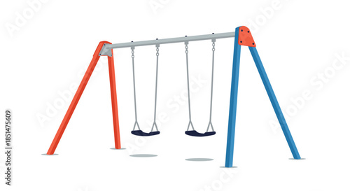 A colorful children's swing set with two swings, a common piece of playground equipment, isolated on a white background.
