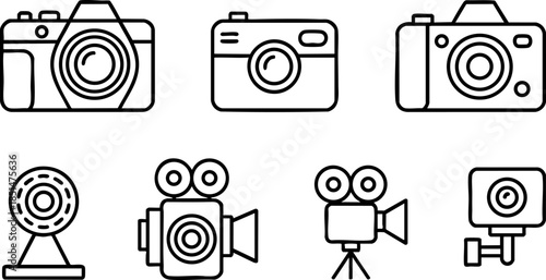 Camera and Video Production Line Icons Set Photography Film and Recording