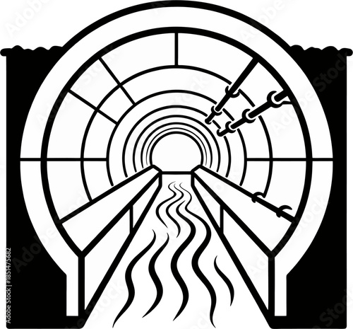Underground circular water tunnel with flowing drainage channel black and white line illustration