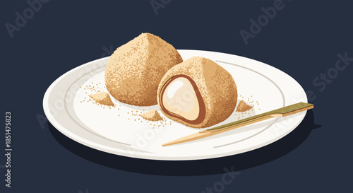 Two pieces of warabimochi, a jelly-like Japanese confection, coated in kinako soybean flour and served on a white plate.