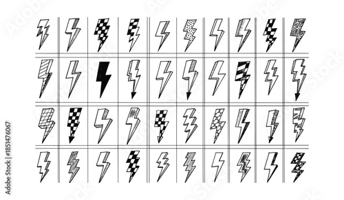 Assortment of 32 Hand Drawn Lightning Bolt Icons in Black and White Keywords: lightning bolt, thunderbolt, icon, symbol, hand drawn, doodle, graphic, design, black and white, energy, power