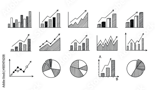 Assortment of Hand Drawn Bar, Line, and Pie Charts Showing Growth Keywords: chart, graph, bar chart, pie chart, line graph, data, statistics, analysis, business, finance, growth, increase, upward