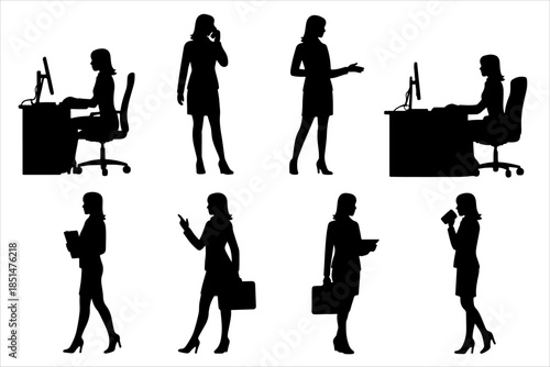 Silhouettes of a professional woman in varied office poses—working, walking, gesturing—ideal for corporate posters, training materials, or certificate backgrounds.