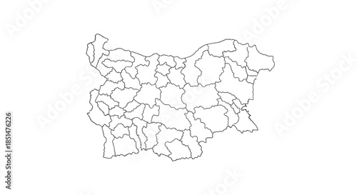A simple black and white outline map of Bulgaria, showing the administrative divisions or provinces of the country.