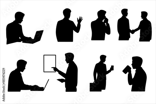 Silhouettes of individuals in professional and expressive poses—working, waving, pointing, shaking hands—ideal for corporate posters