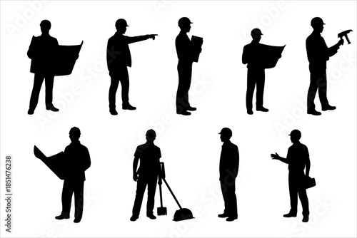 Silhouettes of construction and engineering professionals in varied site roles—planning, drilling, sweeping—ideal for safety posters, industrial flyers