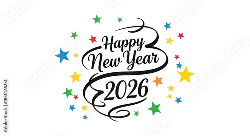 Festive new year greeting with colorful stars and swirling design elements for 2026 celebrations