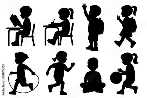Silhouettes of children engaged in everyday activities—reading, writing, jumping, playing—ideal for educational posters, parenting flyers