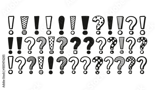 Assortment of Hand Drawn Exclamation Marks and Question Marks with Diverse Patterns punctuation symbols