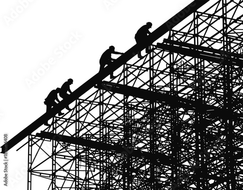 Black silhouettes of two photographers taking pictures of a female model striking various poses, illustrating fashion, professional photography, studio work, and media coverage.