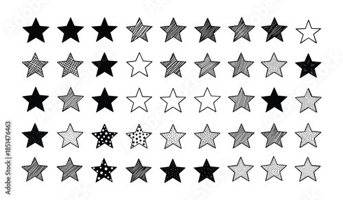 Assortment of Hand Drawn Star Symbols in Various Styles and Fillings Keywords: star, symbol, icon, doodle, drawing, sketch, outline, filled, striped, polka dot, patterned, graphic, design, element